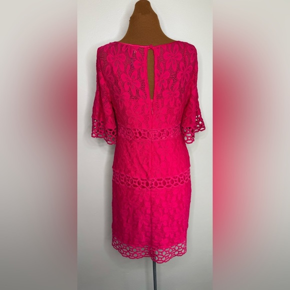 Laundry Shelli Segal Dress Pink Crochet Floral Knit Short Sleeve Sheath Size 6 - Picture 2 of 12